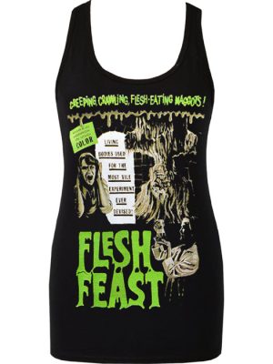 Black Flesh Feast women’s horror tank top featuring a vintage horror movie print with grotesque creatures, screaming victims, and dripping green text.