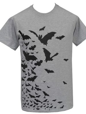 Men’s grey T-shirt with a large black flock of bats graphic rising diagonally from the bottom left to the upper right.