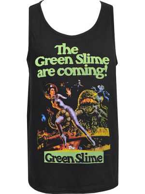 Men’s black tank top featuring a vibrant retro print of The Green Slime 1968 sci-fi horror movie poster, with a space heroine battling monstrous tentacled creatures.