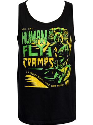 Cramps Human Fly tank top featuring green and yellow artwork by Chris Sick, inspired by the legendary punkabilly track.