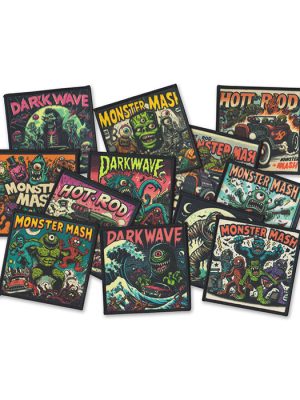 A collection of Monster Mash sew-on patches featuring horror, hot rods, and mutant creatures in vibrant colours.