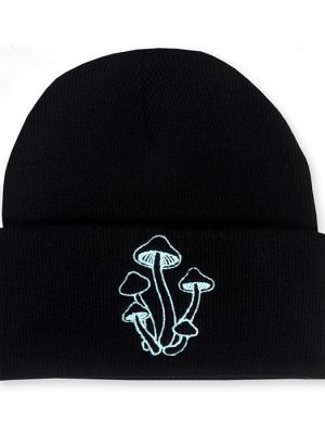 Black cuffed beanie hat with glow in the dark blue embroidered mushroom design on the front.