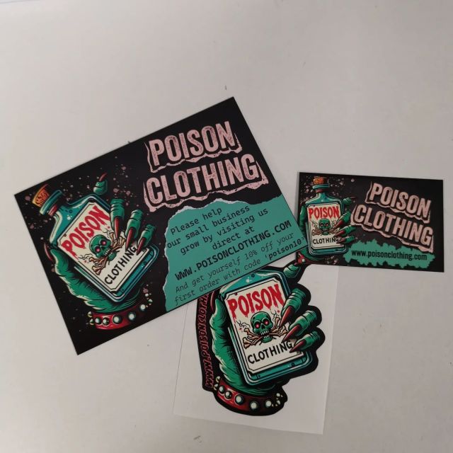 Really chuffed with the new flyers, business cards (at last!) and stickers. Designed by Amy and printed care of Daz, Exclusive to all of our lovely customers including a 10% off code for everyone who uses our website 😎 poisonclothing. com cheers
#punkrock
#alternative
#1977
#goth
#screenprinters
#stickers
#bandmerch
#embroidery
#digitalprinting
#dtg
#horror