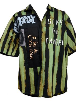 2XL green and black hand-dyed Seditionaries style shirt with “Destroy” patch, “Give Me Danger” stencil, and anti-Coca Cola slogan.