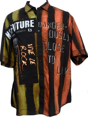 Hand-dyed and stencilled punk shirt in size XL with "No Future", "Vive Le Rock", and "Dangerously Close to Love" slogans on red, green and black stripes.