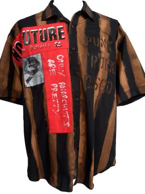 Mens Seditionaries style shirt 2XL with black and brown stripes, red patch reading “Only Anarchists Are Pretty,” stencil text, and punk graphics.