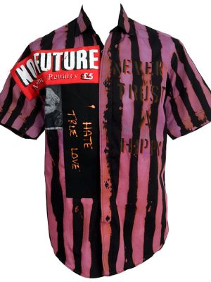 Mens Seditionaries style shirt small with purple and black stripes, No Future red patch, Never Trust a Hippy stencil, and DIY punk slogans.