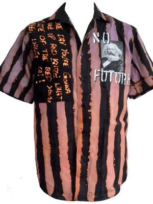 Small pink and black hand-dyed Seditionaries style shirt with “No Future” stencil, Karl Marx patch, and handwritten punk slogan.