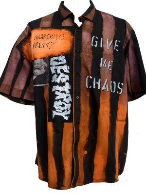 2XL Seditionaries style punk shirt with orange and black stripes, “Give Me Chaos” stencil, Karl Marx image, “Destroy” patch, and anarchist quote.