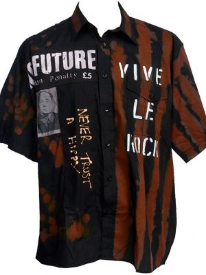 Hand-dyed and stencilled men’s punk shirt in size XL featuring Seditionaries-style slogans, Mao patch, bleach stripes, and DIY punk artwork.
