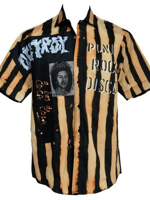 Small Seditionaries style shirt with bleached tiger stripe pattern, “Destroy” patch, stencilled “Punk Rock Disco,” and anti-Coca Cola graphic.