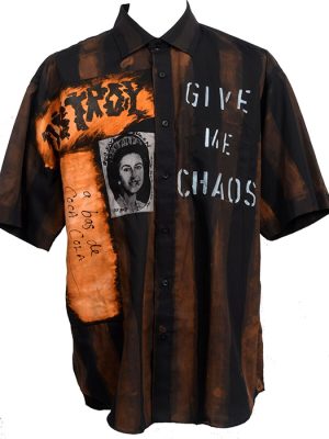 Hand-dyed Seditionaries-style punk shirt in XL with “Give Me Chaos” stencil, orange and black stripes, collage-style patches, and DIY painted slogans.