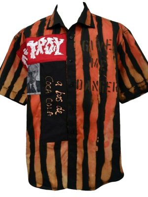 Hand-dyed Seditionaries-style punk shirt in size XL, featuring Mao patch, red and black stripes, and stencilled slogans like “Destroy” and “Give Me Danger”.
