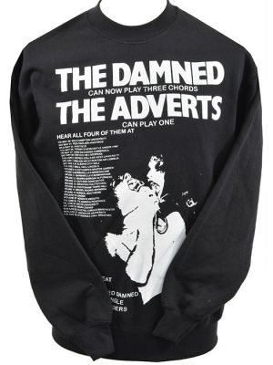 Black The Damned The Adverts punk sweatshirt featuring a bold vintage UK punk gig flyer design in white print.