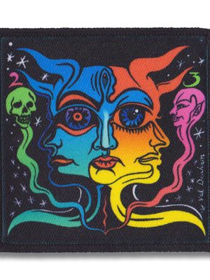 Trippy psychedelic punk patch with surreal faces and vibrant colours by Val Denham.
